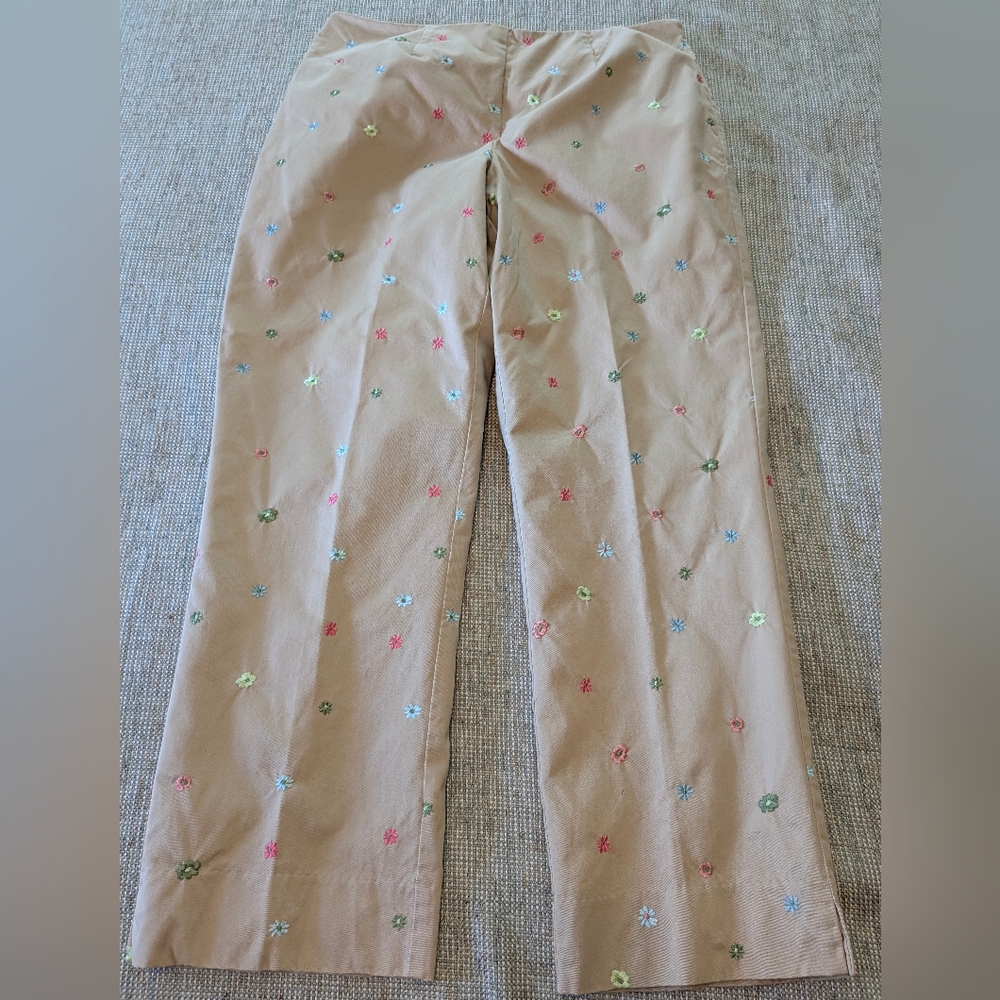 Liz Claiborne Michaela Chinos Side Zip W/Embroidered Flowers Sz 12